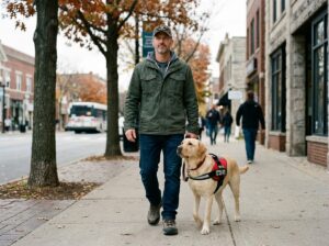 PTSD service dog walking with veteran in public
