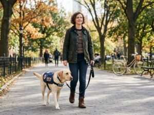 epilepsy service dog walking with handler outdoors