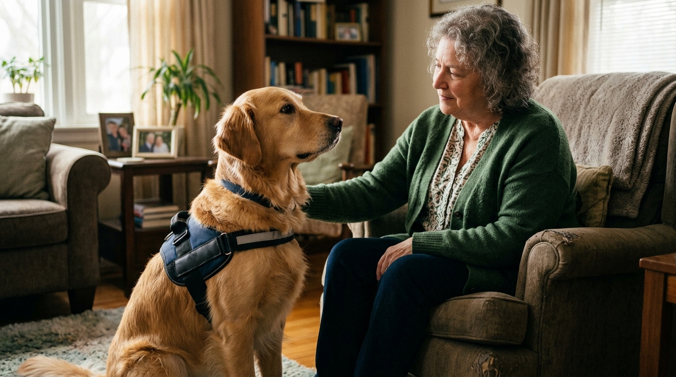 seizure alert dog sitting attentively beside owner