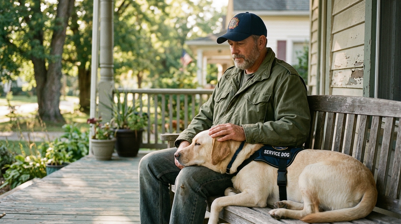 veteran with PTSD psychiatric service dog outdoors