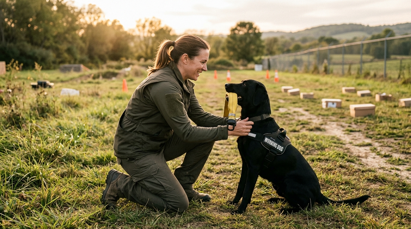 detection dog handler training Labrador in field