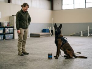 detection dog performing sit alert during training