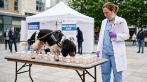 COVID sniffer dog screening sweat samples outdoors