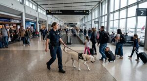bio-detection dog and handler in airport pandemic screening
