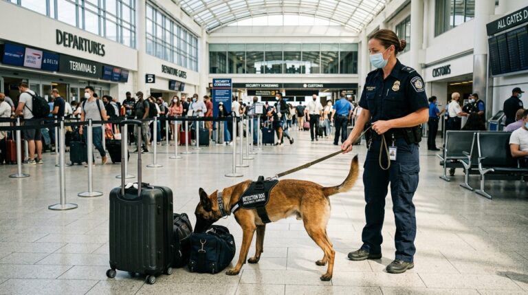 detection dog screening passengers at airport for COVID