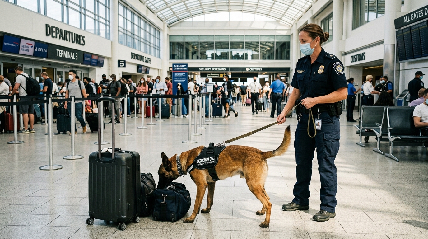 detection dog screening passengers at airport for COVID